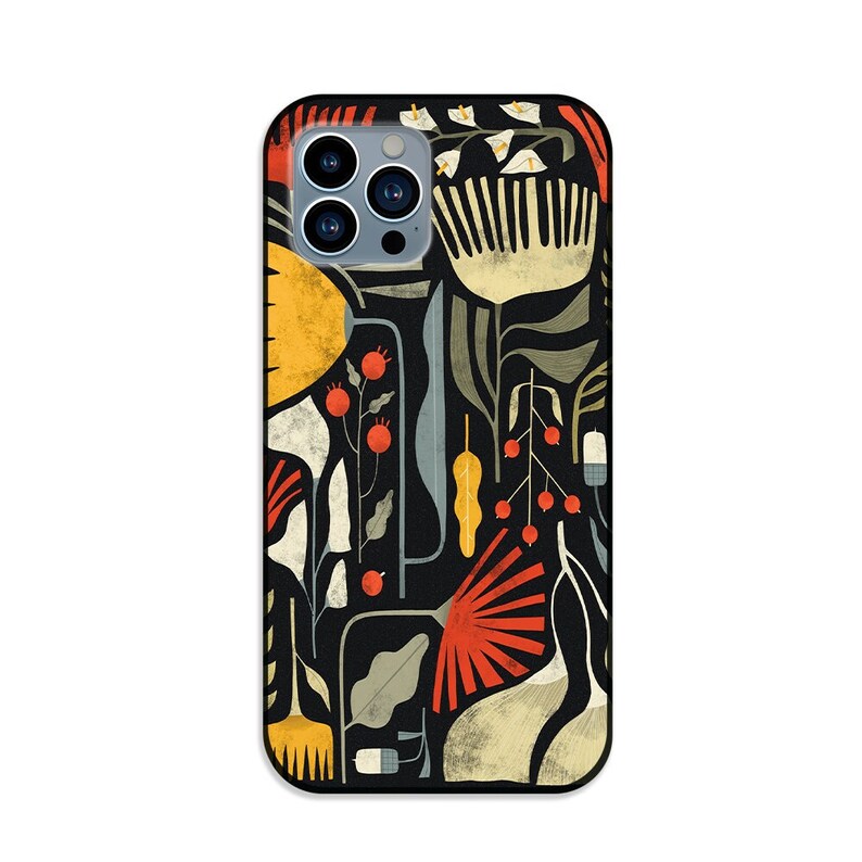 May include: A black phone case with a colorful abstract floral design. The design features red, yellow, orange, and green flowers and leaves on a black background.