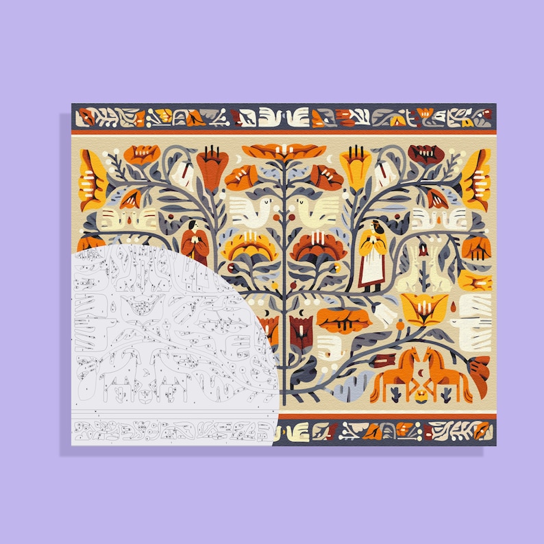 Peut inclure: Un kit de peinture par num&eacute;ros avec un motif d'art populaire. L'&oelig;uvre d'art comprend des fleurs orange, jaunes et bleues, des oiseaux et des chevaux sur un fond beige. Le kit comprend une section partiellement compl&eacute;t&eacute;e avec des zones num&eacute;rot&eacute;es.