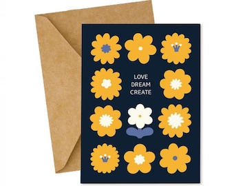 Inspirational PostCard "Create", Minimalist Floral Postcard with Envelope, Encouragement Gift for Artist, Quote PostNote Card