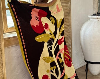 Large Floral Blanket, Black Woven Throw with Flowers, Cotton Blend Bed Cover, Colorful Folk Art Decor, Maximalist Home Accent