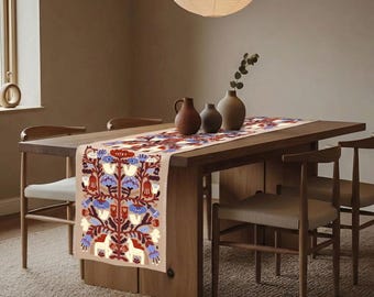 Floral Table Runner 60x16 in, Tenderness Cotton Table Decor, Tree of Life Folk Art, Easter Spring Table Scarf, Gift for Her
