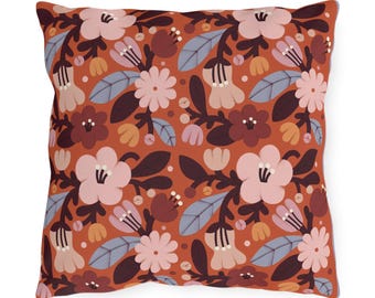 Rustic Red Floral Pillow Outdoor Pillows | Farmhouse Shabby Chic Decorative Accent