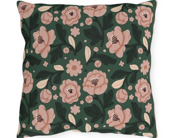 Blush Floral Pattern Outdoor Pillows | Green Botanical Throw Cushion