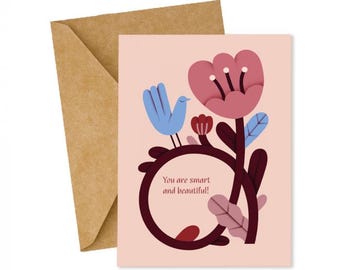 Smart and Beautiful Greeting Card, Empowering Quote Postcard with Envelope, Encouragement Gift for Her