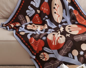 Floral Throw Blanket, Cotton Woven Throw, Botanical Bed Runner, Nature Inspired Home Decor, Soft Knit Blanket, Luxury Housewarming Gift