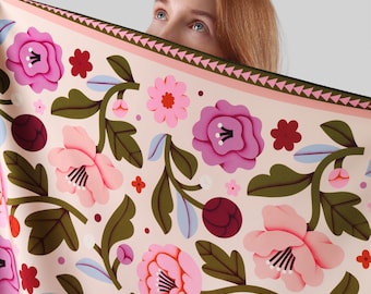 Romantic Floral Silk Neck Scarf Tenderness 27"x27", Head Scarf, Designed by Ukrainian Artist