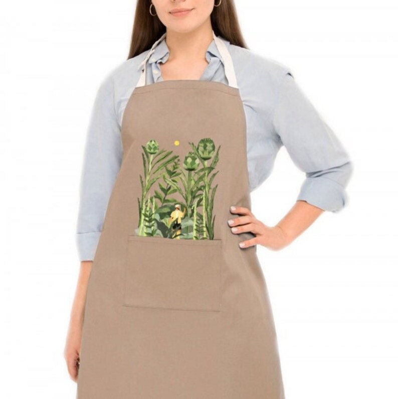Artichokes print Beige Apron Cooking apron baking Aprons for her Gardening Apron for Kitchen Housewarming gift Apron gift image 1