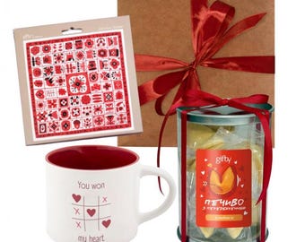 Gift Box for Her - "You Won My Heart" Ceramic Mug, Fortune Cookies, and Folk Art Scarf Set - Romantic Anniversary Gift Set