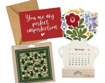 Ukrainian Gift Set - Gift Box with Calendar & Scarf + Postcard| Wildflower Calendar 2026 on Wooden Stand
