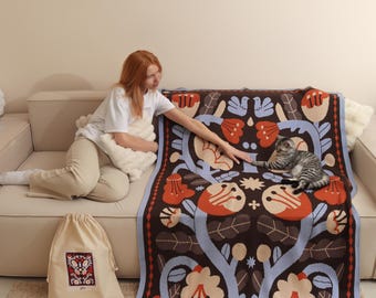 Cotton Floral Blanket, Botanical Bed Runner, Nature Inspired Home Decor, Soft Knit Blanket, Luxury Housewarming Gift