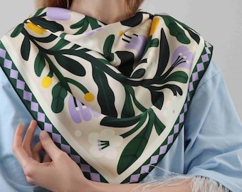 Neck Scarf 27x27", Botanical Print Head Scarf, Ukrainian Designer Floral Bandana, Elegant Gift Boxed Hair Scarf for Women