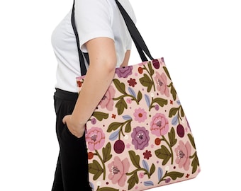 Pink Floral Pattern Tote Bag | All-Over Print Flower Canvas Tote