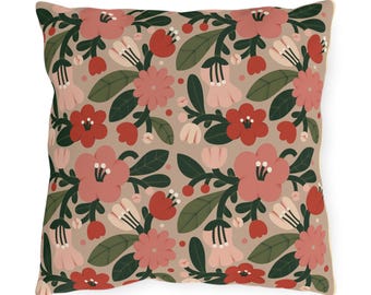 Floral Folk Art Outdoor Pillows | Red Pink Flower Cushion