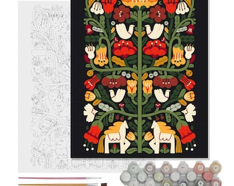 Folk Garden Paint by Numbers Kit, Floral DIY Canvas Art, Nature Landscape Acrylic Set, 16x20in Mindfulness Gift for Adults