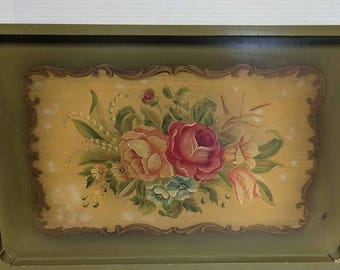 Vintage 1940s Floral Tole Tray: Hand-Painted Folk Art Wall Decor