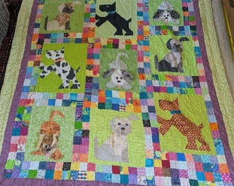 Vintage Handmade Baby Quilt Throw Blanket Doggie Themed for Boys 66x56"
