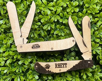 Personalized wooden pocket knife/2 blades/ double blade/kids play/ wood knife/Easter basket filler/Christmas gift/pretend