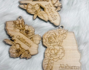 State Flower Wood Ornament, USA, Christmas Tree Decoration