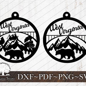 May include: Two black and white SVG cut files of a West Virginia ornament. Each ornament features a mountain range, a bear, and the text "West Virginia".