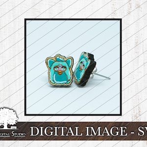 May include: A pair of teal blue wooden earrings featuring a cartoon character with a pink nose and blue eyes. The earrings are shaped like a square and have a silver post.