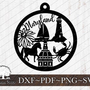 May include: Black laser-cut ornament featuring Maryland landmarks. The design includes a sailboat, lighthouse, crab, horse, flower, and the word "Maryland". The ornament has a circular shape with a loop for hanging.