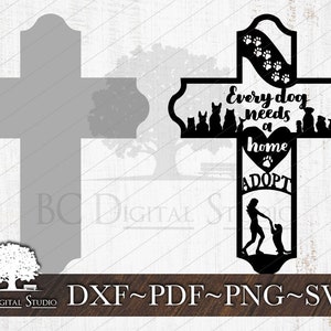 May include: Black and white silhouette of a cross with the text "Every dog needs a home adopt" and a heart with paw prints inside. There are also silhouettes of dogs and a woman walking a dog.