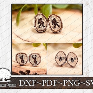 May include: A set of six wooden earrings with different nature-themed designs. The earrings feature a Bigfoot, a deer, and a bee. The earrings are made of wood and have a natural finish.