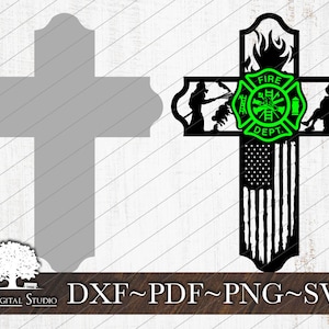 May include: A black and white silhouette of a cross with a firefighter's helmet, axe, and hose in the center. The cross is decorated with an American flag and the words "Fire Dept."