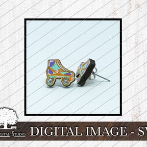 May include: A pair of roller skate earrings with a teal, purple and orange pattern. The earrings are made of wood and have silver posts.