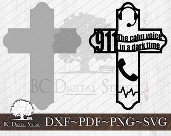 May include: Black and white silhouette of a cross with the text "911 The calm voice in a dark time" and a stylised phone and heartbeat graphic.