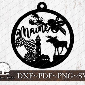 May include: Black and white silhouette of a Christmas ornament with the word "Maine" and images of a lobster, a moose, a lighthouse, pine cones, and a seashell.