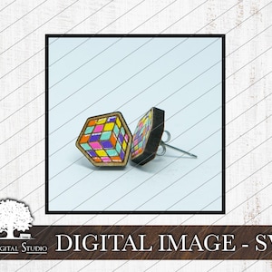 May include: A pair of wooden earrings featuring a colorful cube design. The cube is painted with a variety of colors, including pink, blue, yellow, green, and orange. The earrings are attached to silver posts.