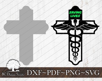 May include: A black cross design featuring the medical symbol of a staff with two snakes and wings. The words "SAVING LIVES" are in green at the top. A gray cross outline is next to the design.
