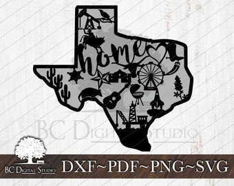 May include: Black and white silhouette of the state of Texas with the word "home" and various icons inside the outline, including a heart, a star, a cactus, a guitar, a Ferris wheel, an oil rig, and a cowboy hat.