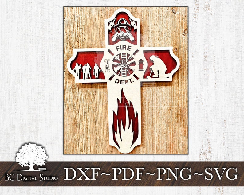 May include: A white wooden cross with a red background. The cross features a firefighter helmet, a ladder, and the words "Fire Dept." The cross is a decorative piece for a home or office.