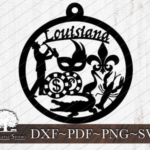 May include: Black and white silhouette of a circle with the word "Louisiana" at the top. Inside the circle are images of a fleur-de-lis, a mask, a poker chip, a crayfish, and an alligator.