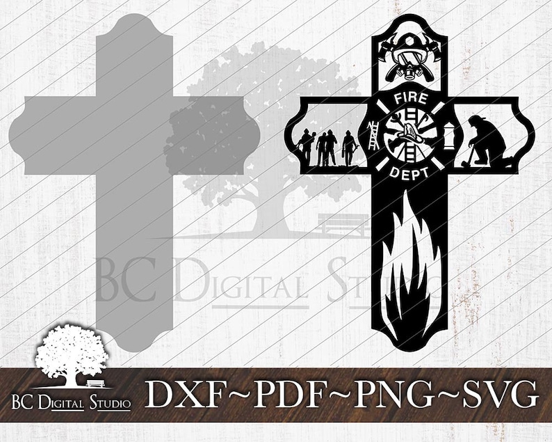 May include: Black and white silhouette of a cross with a fire department theme. The cross is decorated with a firefighter helmet, a ladder, a fire hose, and a flame. The text "FIRE DEPT" is written on the cross.