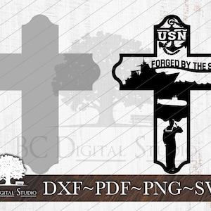 May include: A black cross-shaped design featuring a USN anchor emblem, a ship, a submarine, and a saluting sailor. The text "FORGED BY THE SEA" is included. The design is for DXF, PDF, PNG, and SVG files.