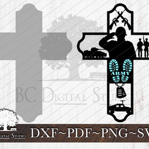 May include: A black and light blue cross design featuring military-themed silhouettes. The design includes a saluting soldier, tanks, rifles, and the word "ARMY" with boot prints. The bottom of the cross has a dog tag and a military vehicle.