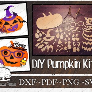 May include: A set of DIY pumpkin kits for Halloween. The kits include a variety of shapes and designs, including pumpkins, bats, candy corn, and a cat. The kits are made of wood and are ready to be painted or stained.