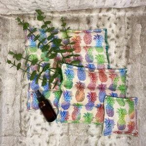 May include: Three rectangular fabric cushions with a pineapple print. The cushions are in various sizes and are made of a light beige fabric with a rainbow pineapple print. The cushions are on a light brown fuzzy surface.
