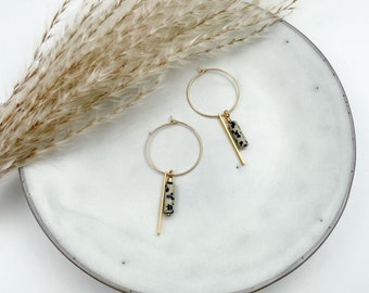 Stainless steel earrings: Handmade 18K gold-plated hoop earrings with Dalmatian jasper - unique and feather-light statement earrings in a pair