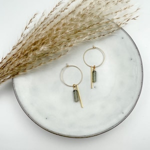 Stainless steel earrings: Handmade 18K gold-plated hoop earrings with labradorite - unique and feather-light statement earrings in a pair
