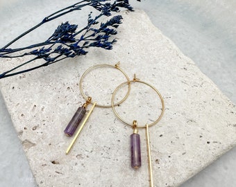 Stainless steel earrings: Handmade 18K gold-plated hoop earrings with amethyst - unique and feather-light statement earrings in a pair