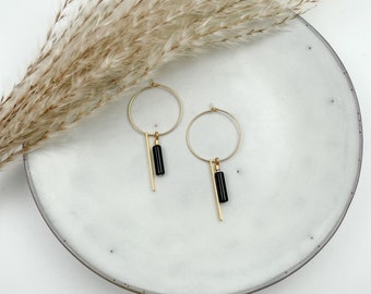 Stainless steel earrings: Handmade 18K gold-plated hoop earrings with black jasper - unique and feather-light statement earrings in a pair