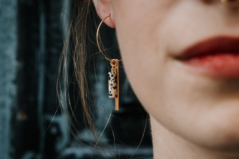 Stainless steel earrings: Handmade 18K gold-plated hoop earrings with Dalmatian jasper unique and feather-light statement earrings in a pair image 2