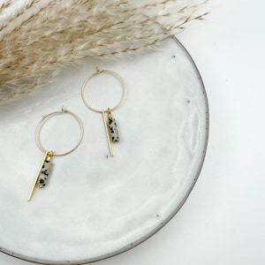 Stainless steel earrings: Handmade 18K gold-plated hoop earrings with Dalmatian jasper unique and feather-light statement earrings in a pair image 4