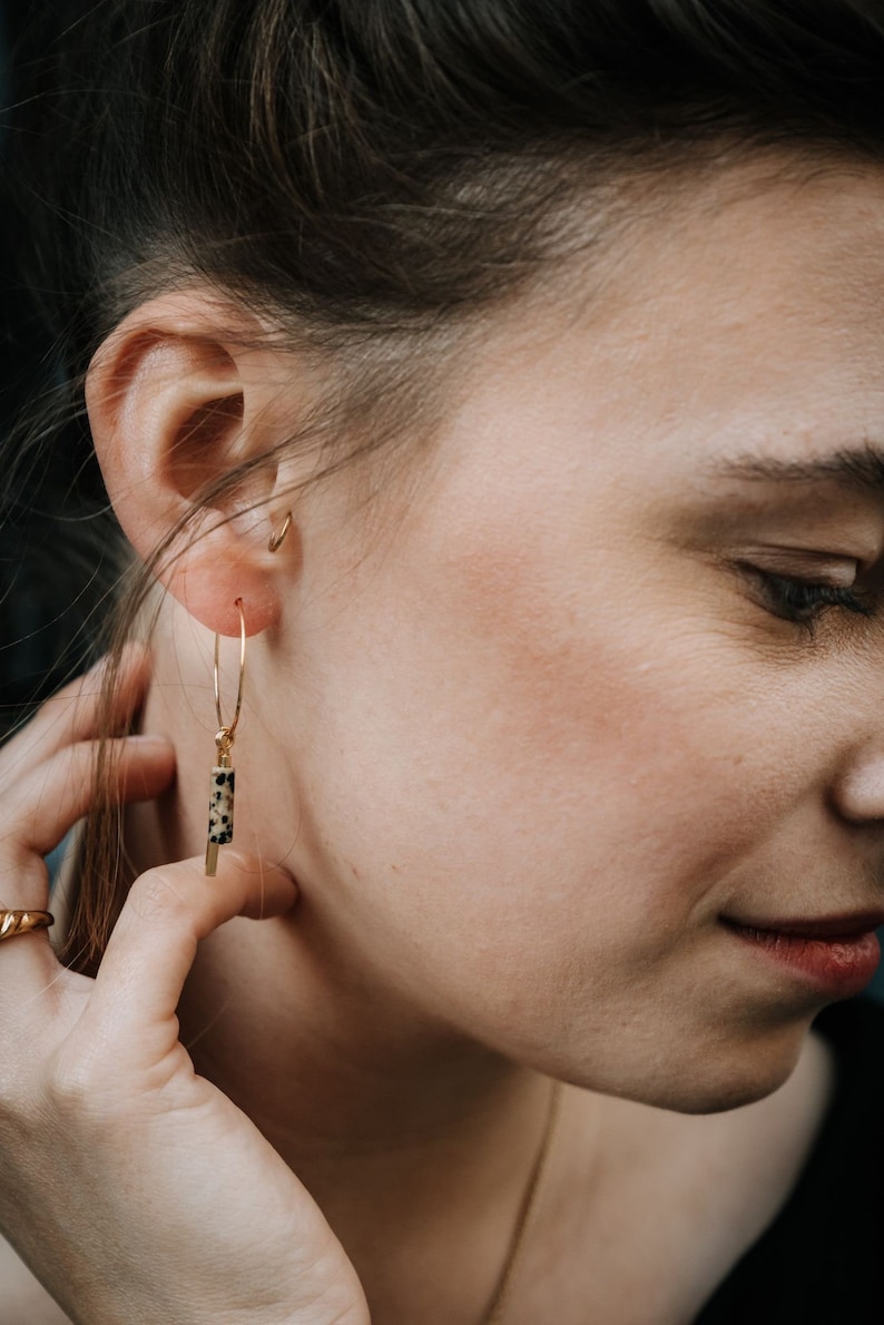 Stainless steel earrings: Handmade 18K gold-plated hoop earrings with Dalmatian jasper unique and feather-light statement earrings in a pair image 5