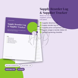 Può includere: Un documento di registro riordino forniture e tracciamento fornitori con intestazione viola e corpo bianco. Elenca una directory, registro ordini, confronto prezzi, date di utilizzo e lista di consegna. Include testo: 14 Pages, Instant Download.