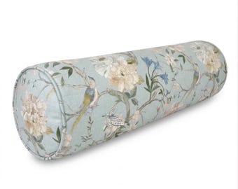 Cojín cilíndrico de estilo chinoiserie floral, funda de almohada larga para el cuello, almohada Grandmillennial Chintz con ribete, almohada botánica Blue Bird